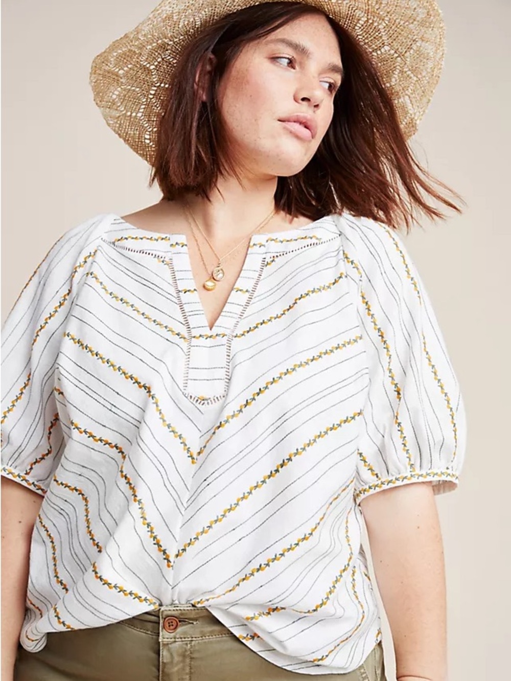 Anthropologie Maeve Fruit Puff-Sleeved Top Embroidered Chevron Split-Neck Top 12